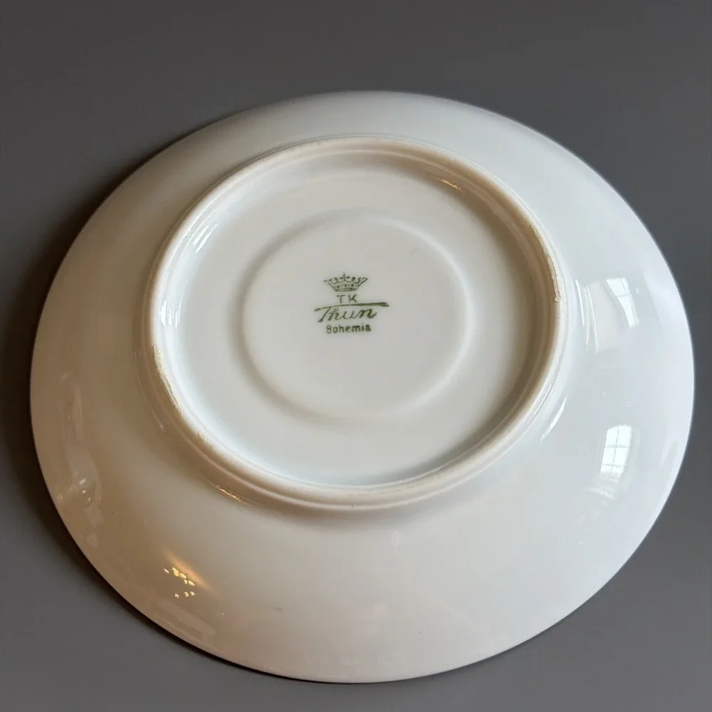 Art Deco TK Thuny Czechoslovakia Porcelain Demitasse Cup & Saucer White w/ Gold